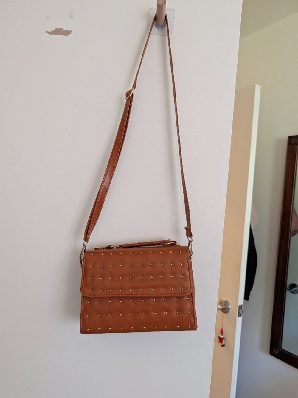 Tan Brown Studded Crossbody Bag All-Over Dome Studs Flap Closure